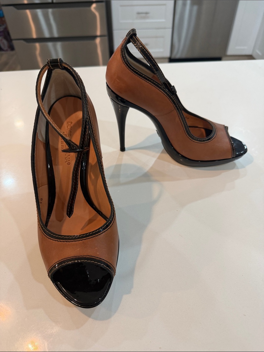 Dolce & Gabbana Brown and Black Peep Toe T-Strap Stilettos